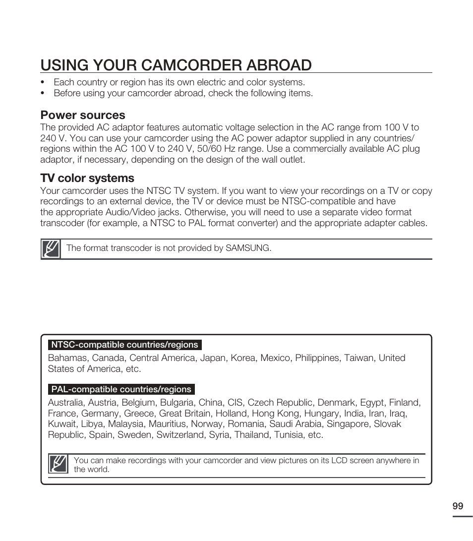 Using your camcorder abroad, Power sources, Tv color systems | Samsung SMX-C20RN-XAA User Manual | Page 113 / 125