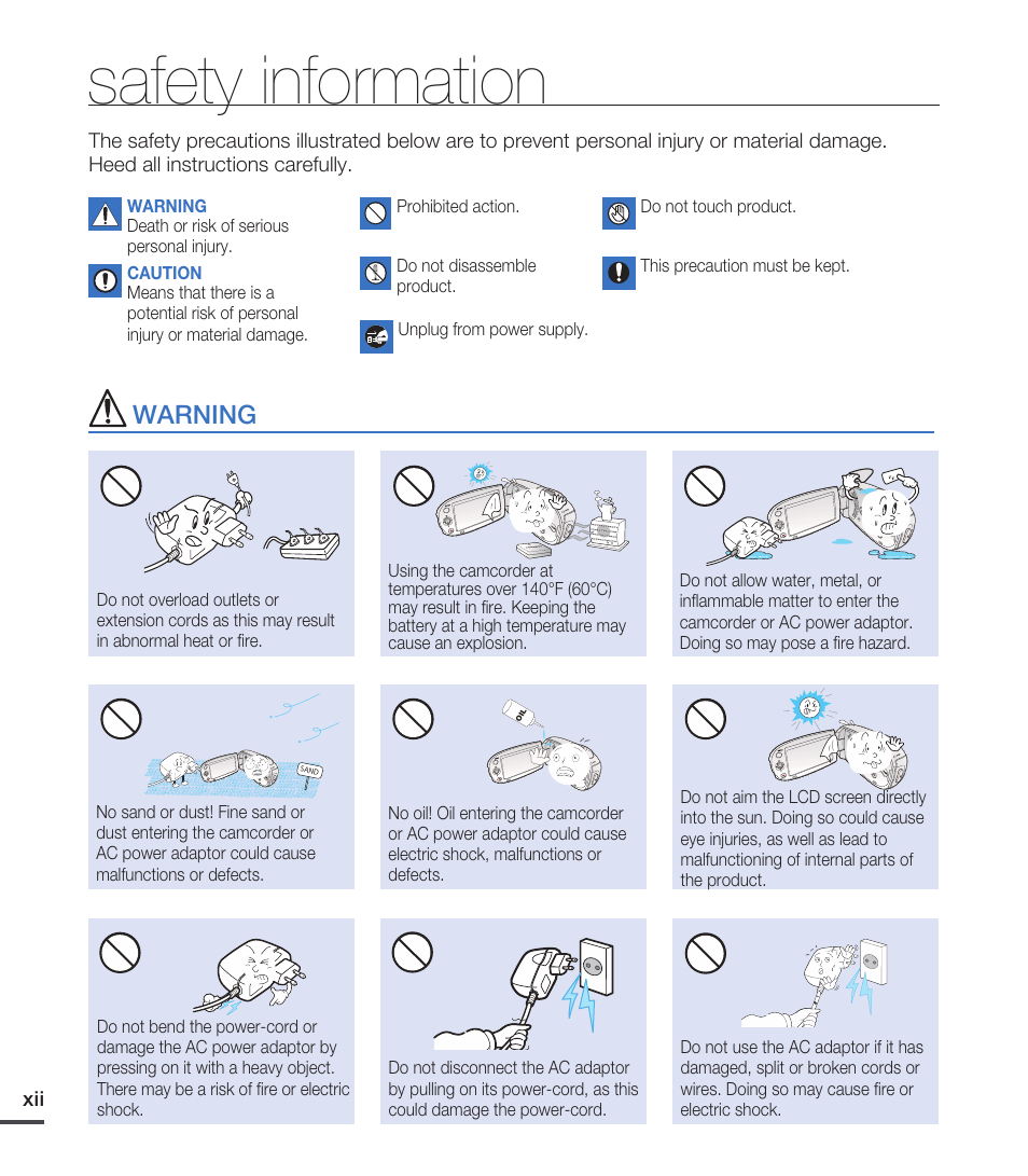 Safety information, Warning | Samsung SMX-C20RN-XAA User Manual | Page 12 / 125