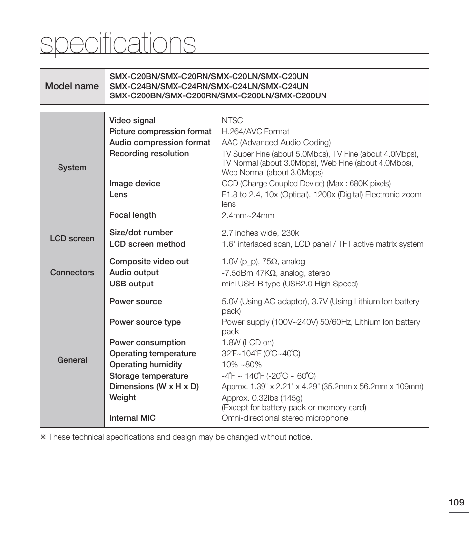 Specifications, Speciﬁcations | Samsung SMX-C20RN-XAA User Manual | Page 123 / 125