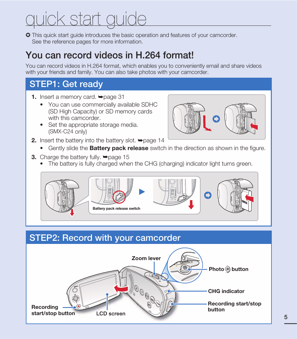 Quick start guide, You can record videos in h.264 format, Step2: record with your camcorder step1: get ready | Samsung SMX-C20RN-XAA User Manual | Page 19 / 125