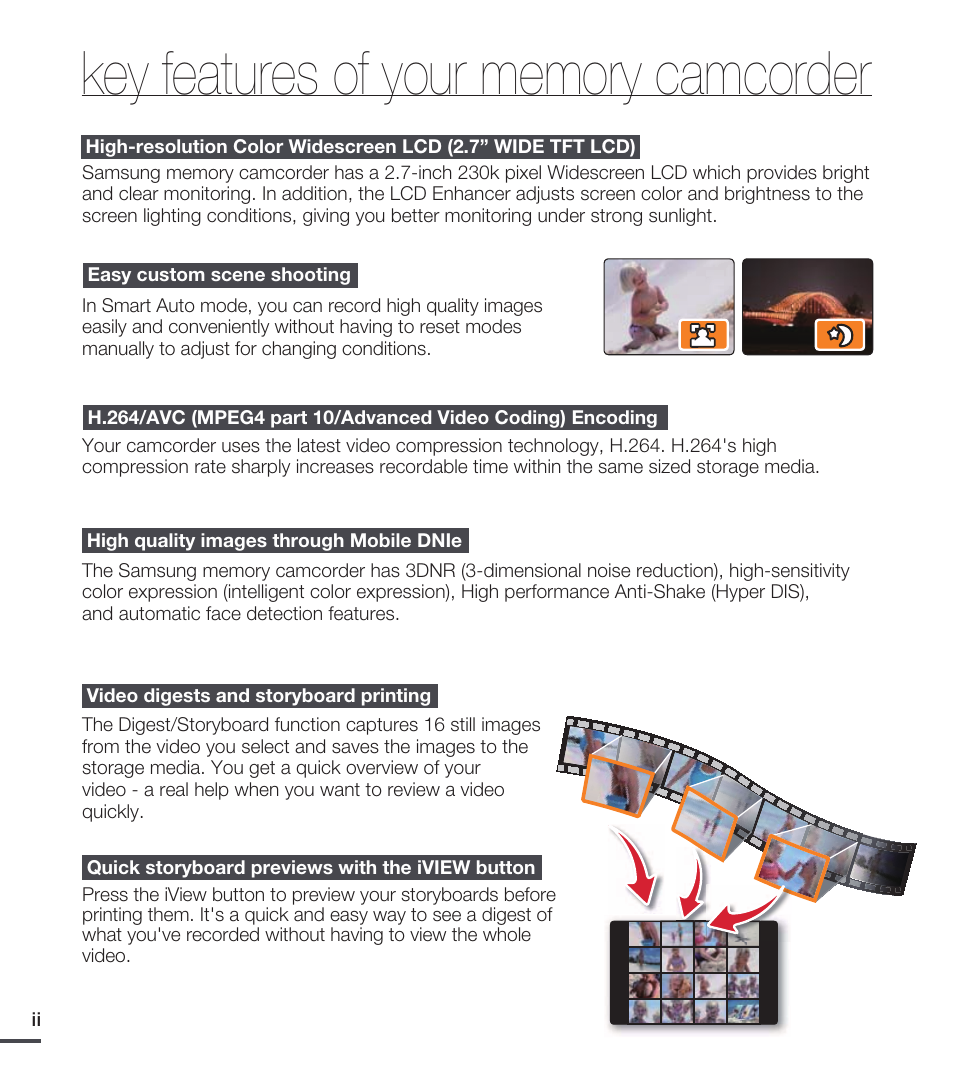 Key features of your memory camcorder | Samsung SMX-C20RN-XAA User Manual | Page 2 / 125