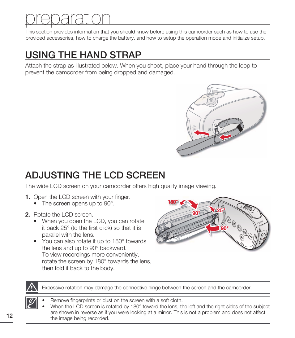 Preparation, Using the hand strap, Adjusting the lcd screen | Samsung SMX-C20RN-XAA User Manual | Page 26 / 125