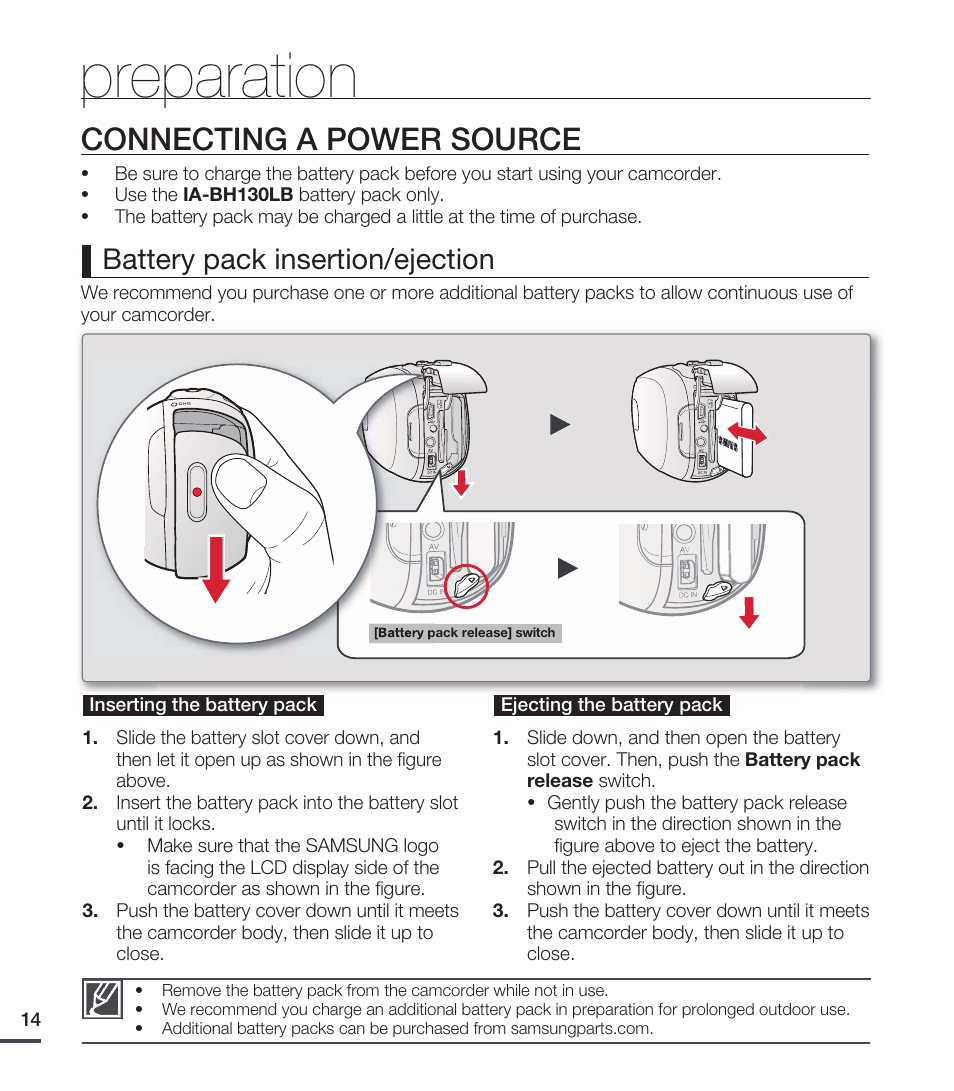 Connecting a power source, Preparation, Battery pack insertion/ejection | Samsung SMX-C20RN-XAA User Manual | Page 28 / 125