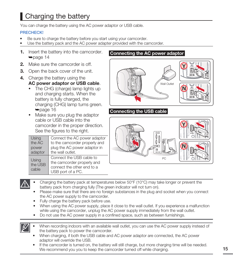 Charging the battery | Samsung SMX-C20RN-XAA User Manual | Page 29 / 125