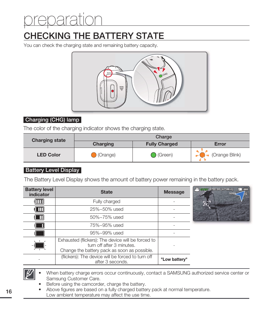 Checking the battery state, Preparation | Samsung SMX-C20RN-XAA User Manual | Page 30 / 125