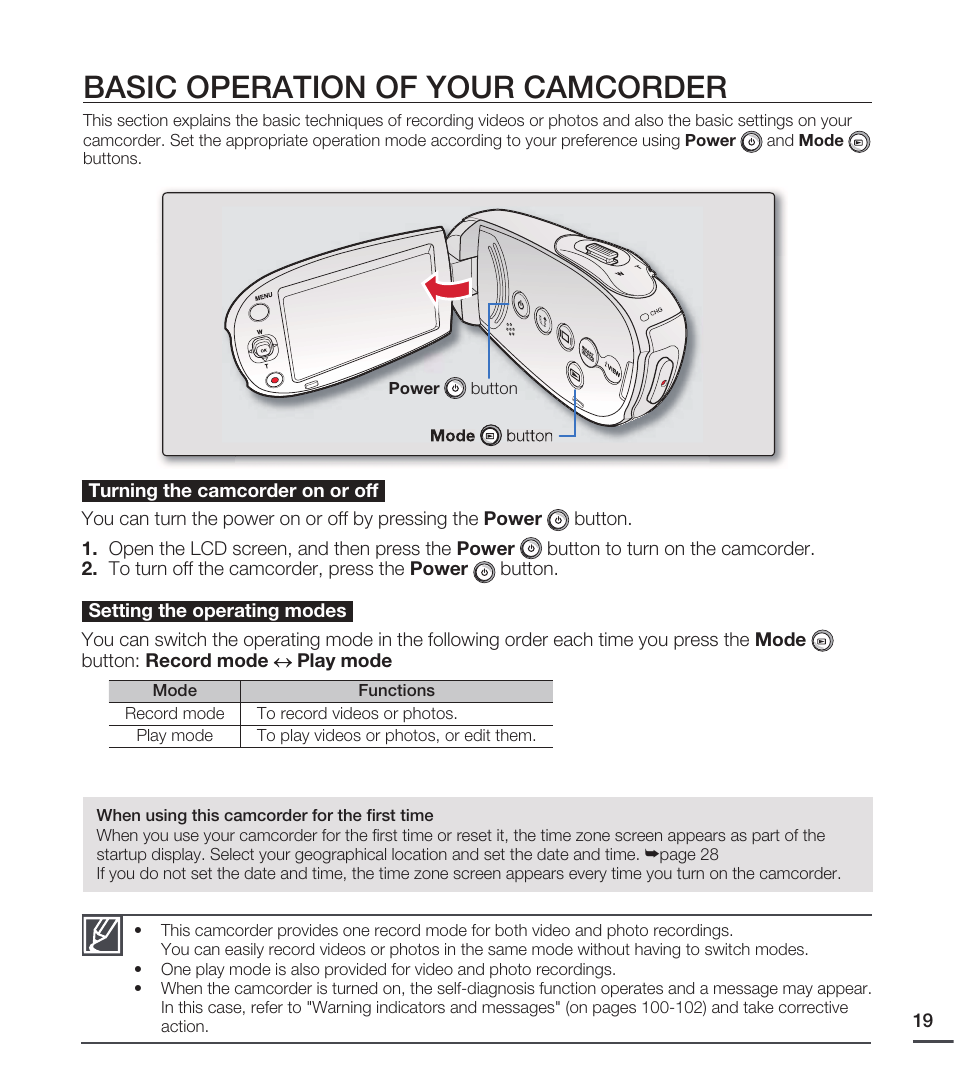 Basic operation of your camcorder | Samsung SMX-C20RN-XAA User Manual | Page 33 / 125