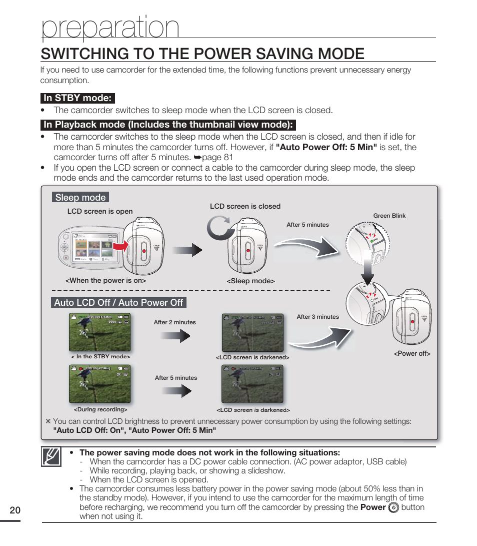 Switching to the power saving mode, Preparation, Sleep mode | Auto lcd off / auto power off | Samsung SMX-C20RN-XAA User Manual | Page 34 / 125