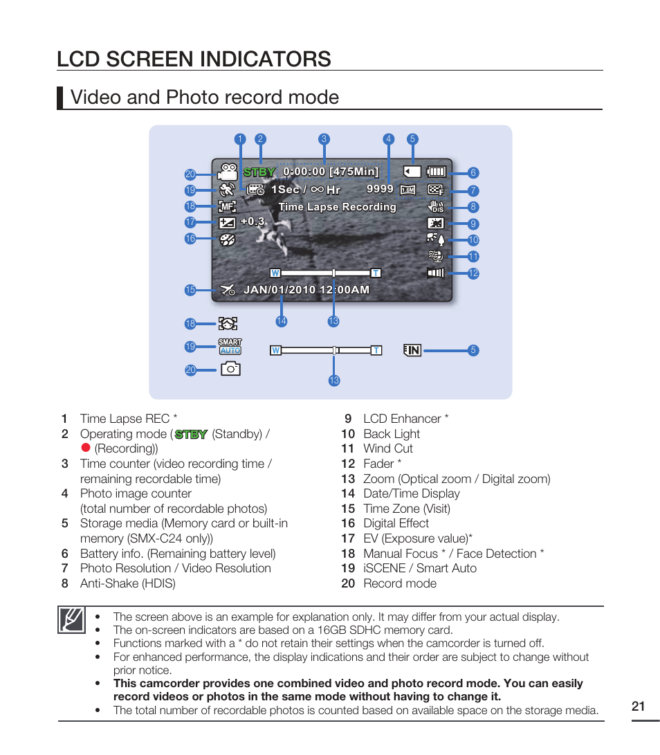 Lcd screen indicators, Video and photo reco rd mode | Samsung SMX-C20RN-XAA User Manual | Page 35 / 125