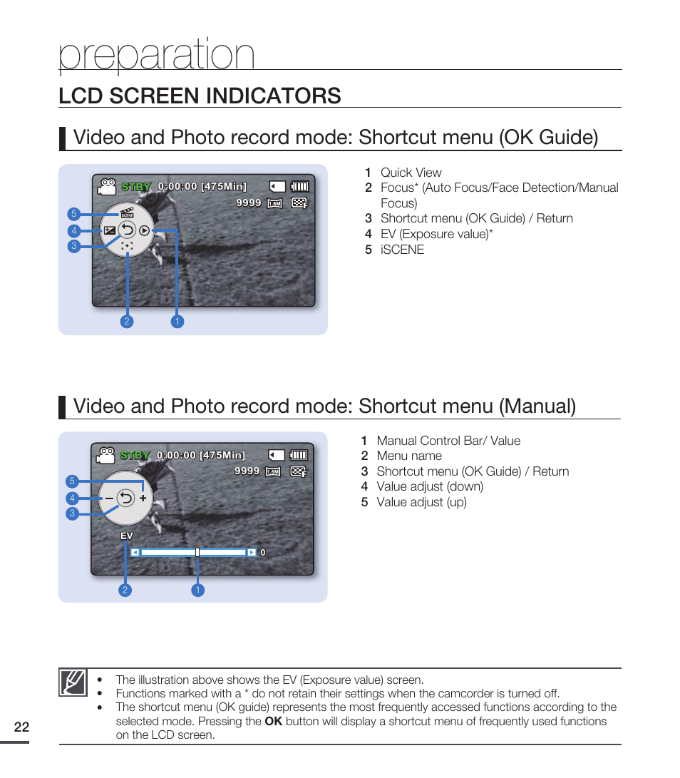 Preparation, Lcd screen indicators | Samsung SMX-C20RN-XAA User Manual | Page 36 / 125