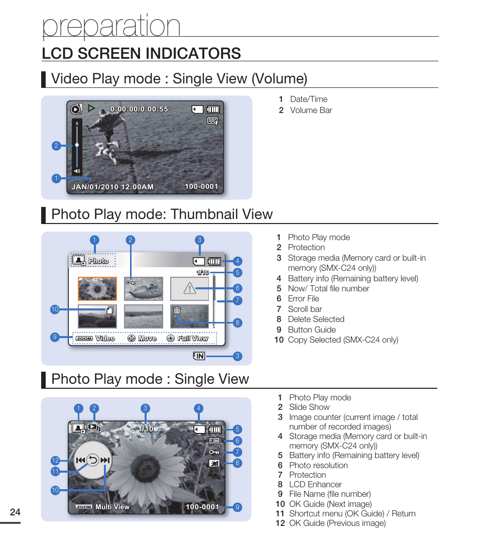 Preparation, Lcd screen indicators, Video play mode : single view (volume) | Samsung SMX-C20RN-XAA User Manual | Page 38 / 125