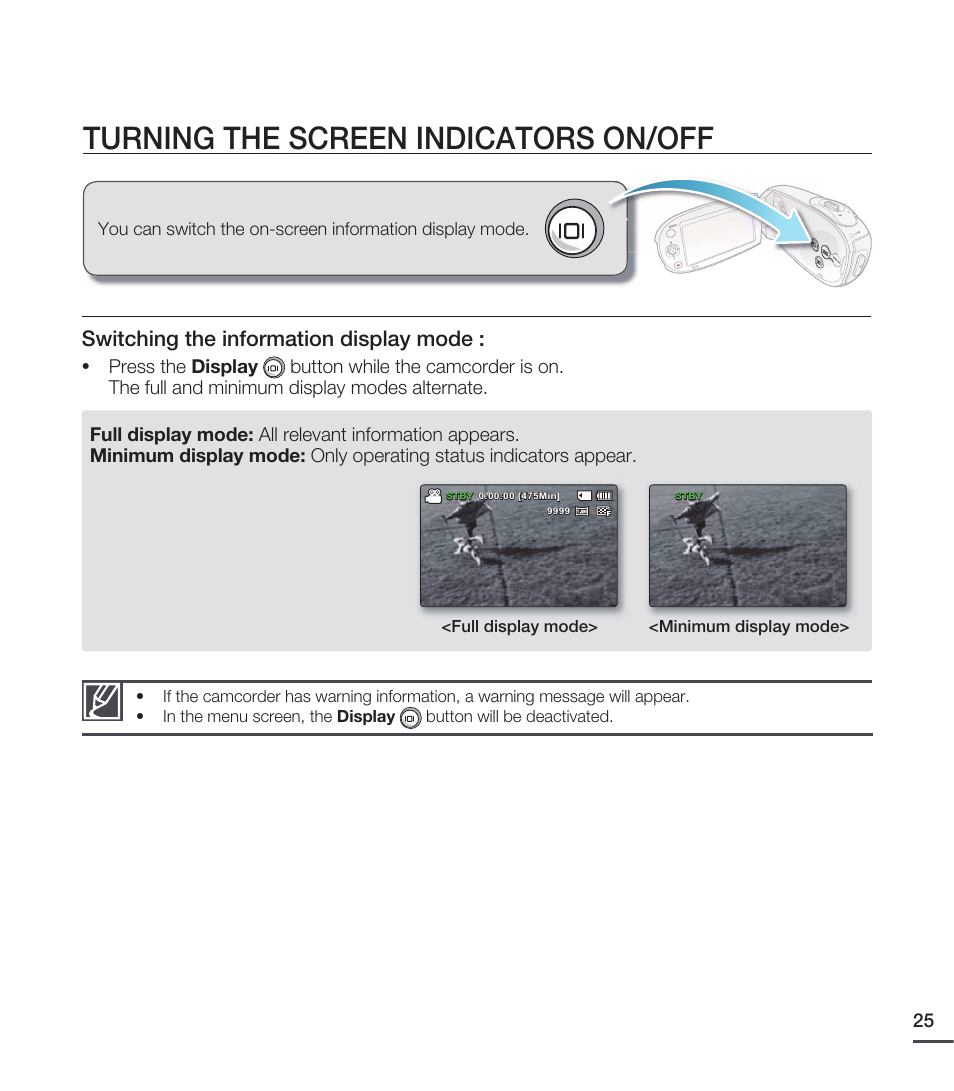 Turning the screen indicators on/off, Switching the information display mode | Samsung SMX-C20RN-XAA User Manual | Page 39 / 125