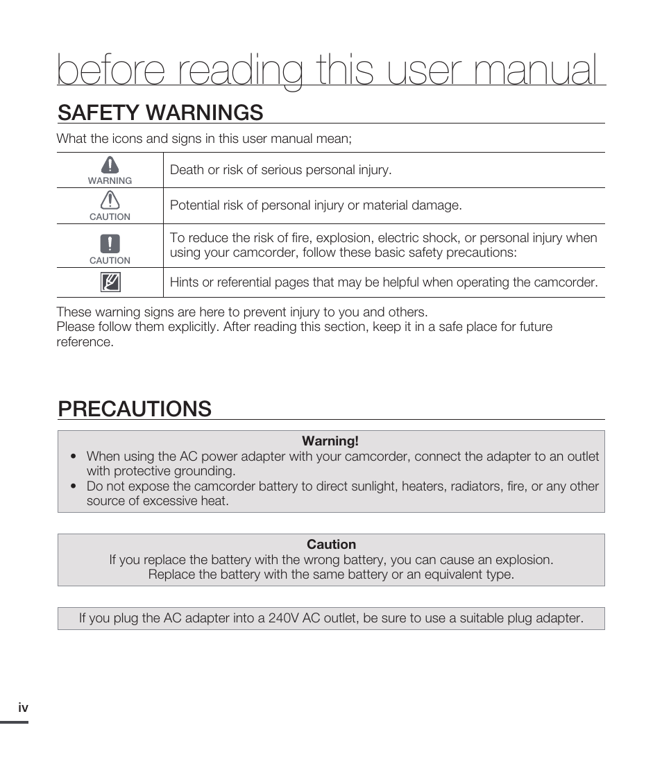 Before reading this user manual, Safety warnings, Precautions | Samsung SMX-C20RN-XAA User Manual | Page 4 / 125