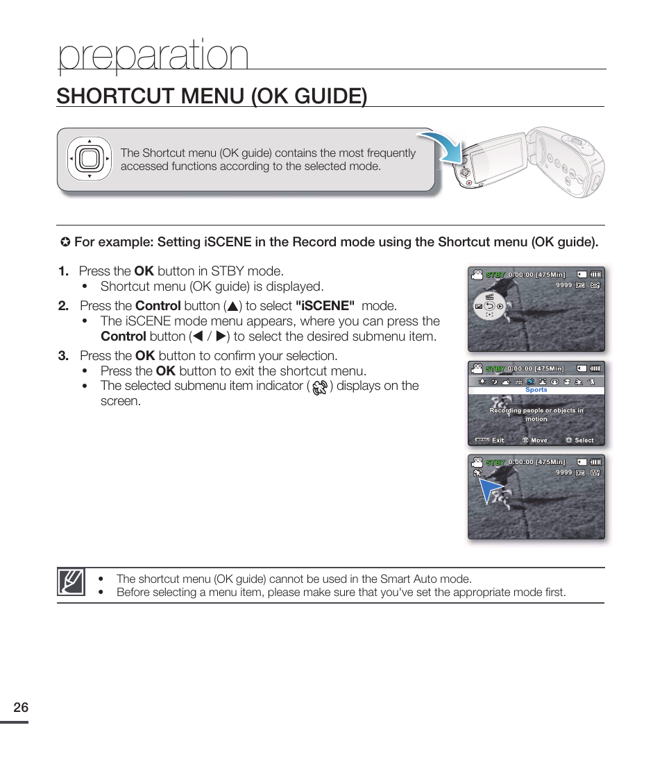 Shortcut menu (ok guide), Preparation | Samsung SMX-C20RN-XAA User Manual | Page 40 / 125