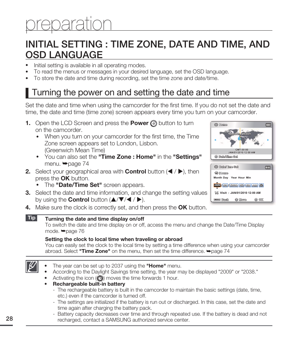 Preparation, Turning the power on and setting the date and time | Samsung SMX-C20RN-XAA User Manual | Page 42 / 125