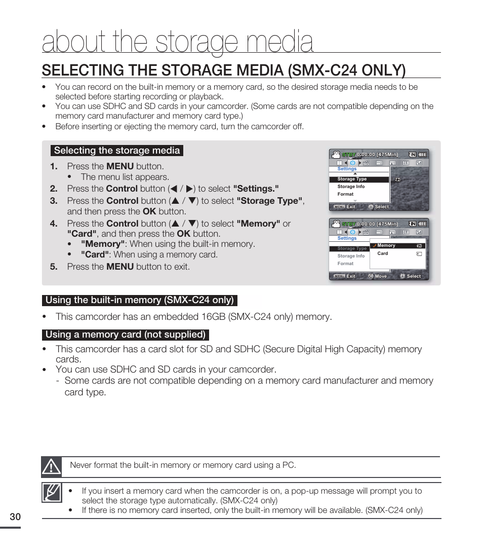 About the storage media, Selecting the storage media (smx-c24 only), Selecting the storage me dia (smx-c24 only) | Samsung SMX-C20RN-XAA User Manual | Page 44 / 125