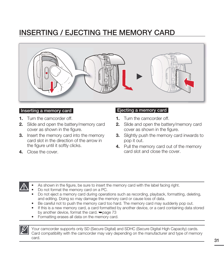 Inserting / ejecting the memory card | Samsung SMX-C20RN-XAA User Manual | Page 45 / 125