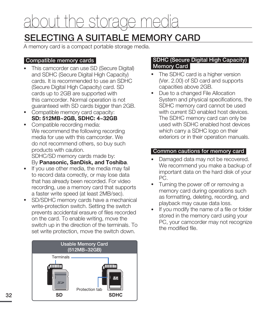 Selecting a suitable memory card, About the storage media | Samsung SMX-C20RN-XAA User Manual | Page 46 / 125