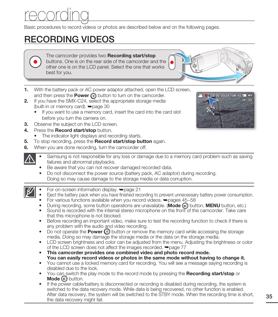 Recording, Recording videos | Samsung SMX-C20RN-XAA User Manual | Page 49 / 125