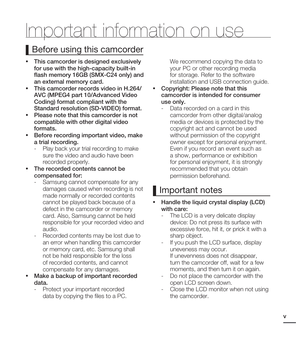 Important information on use | Samsung SMX-C20RN-XAA User Manual | Page 5 / 125