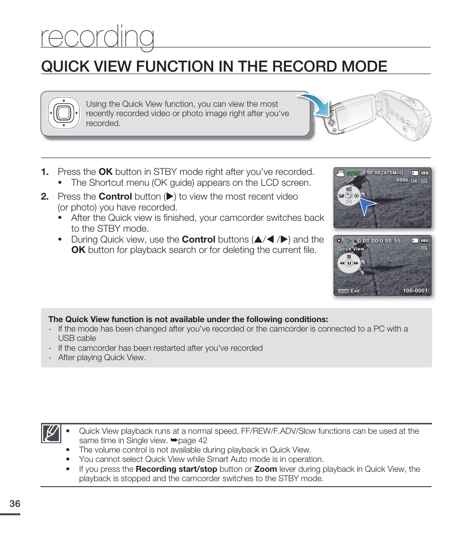 Quick view function in the record mode, Recording | Samsung SMX-C20RN-XAA User Manual | Page 50 / 125