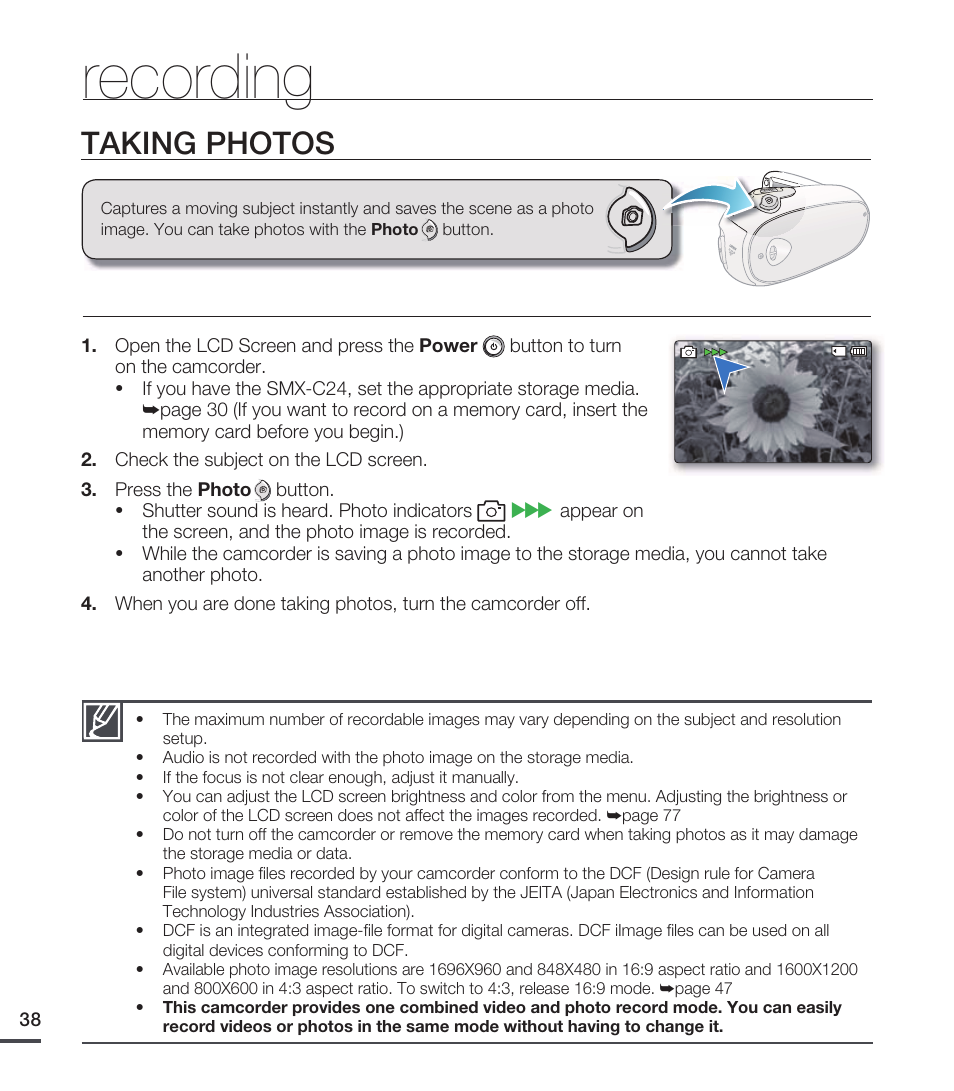 Taking photos, Recording | Samsung SMX-C20RN-XAA User Manual | Page 52 / 125