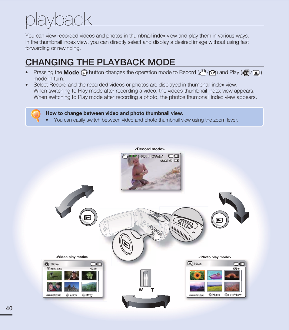 Playback, Changing the playback mode, Mode | Samsung SMX-C20RN-XAA User Manual | Page 54 / 125