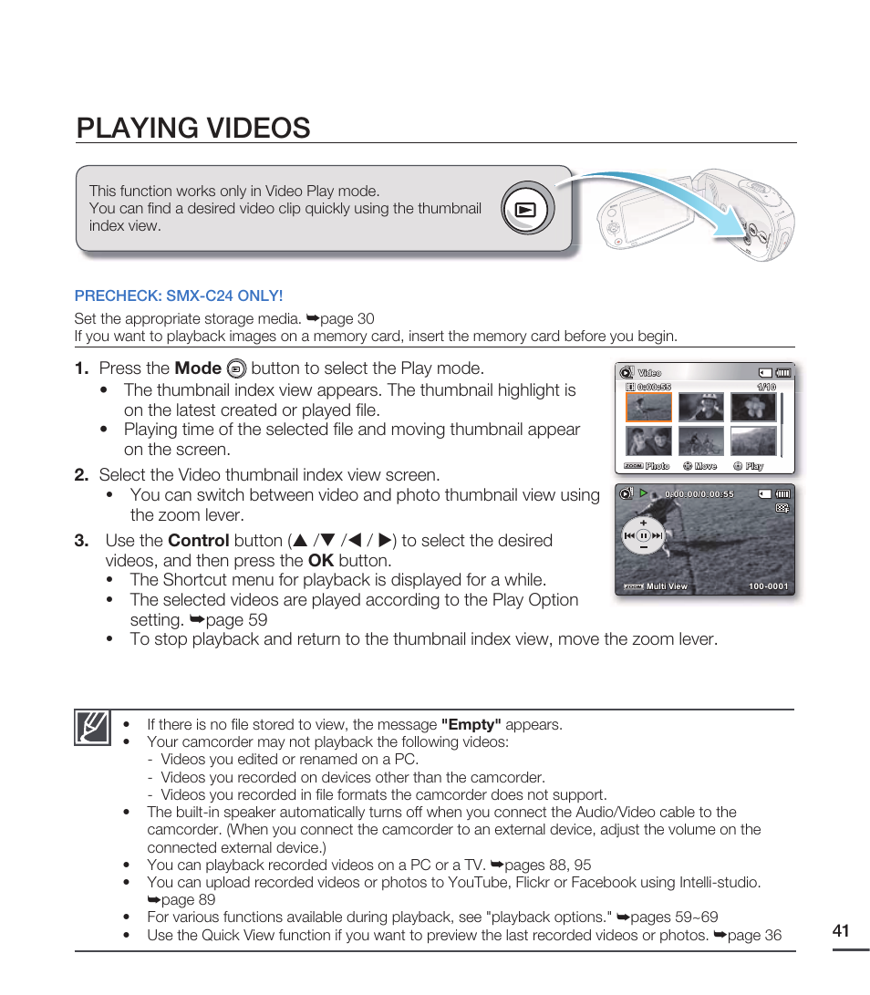 Playing videos | Samsung SMX-C20RN-XAA User Manual | Page 55 / 125