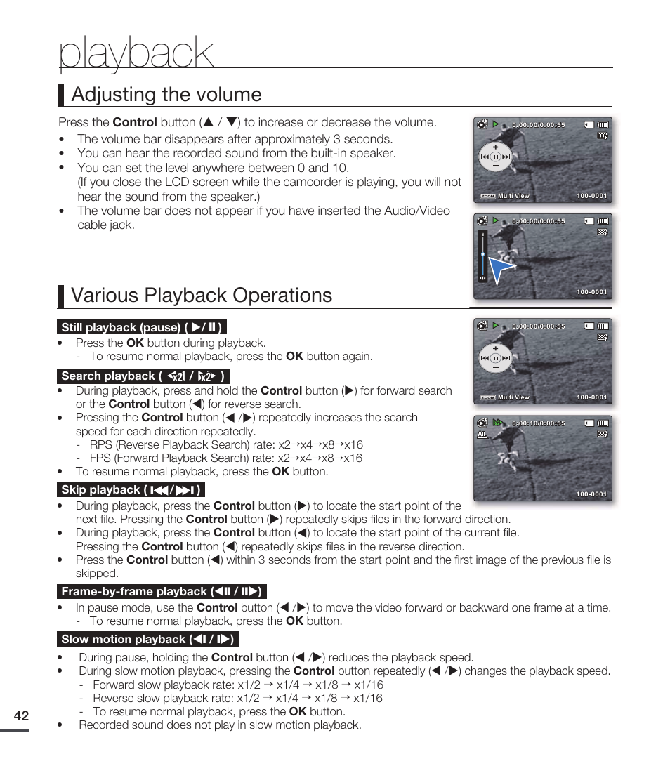 Playback, Various playback operations, Adjusting the volume | Samsung SMX-C20RN-XAA User Manual | Page 56 / 125