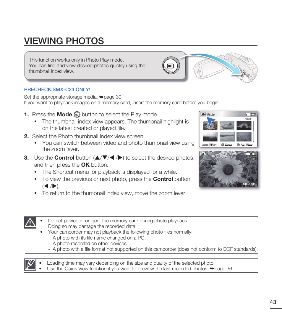 Viewing photos | Samsung SMX-C20RN-XAA User Manual | Page 57 / 125