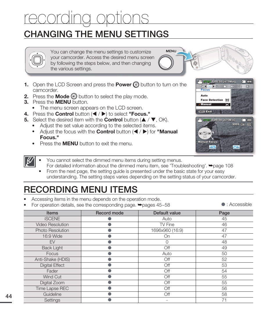 Recording options, Changing the menu settings, Recording menu items | Samsung SMX-C20RN-XAA User Manual | Page 58 / 125