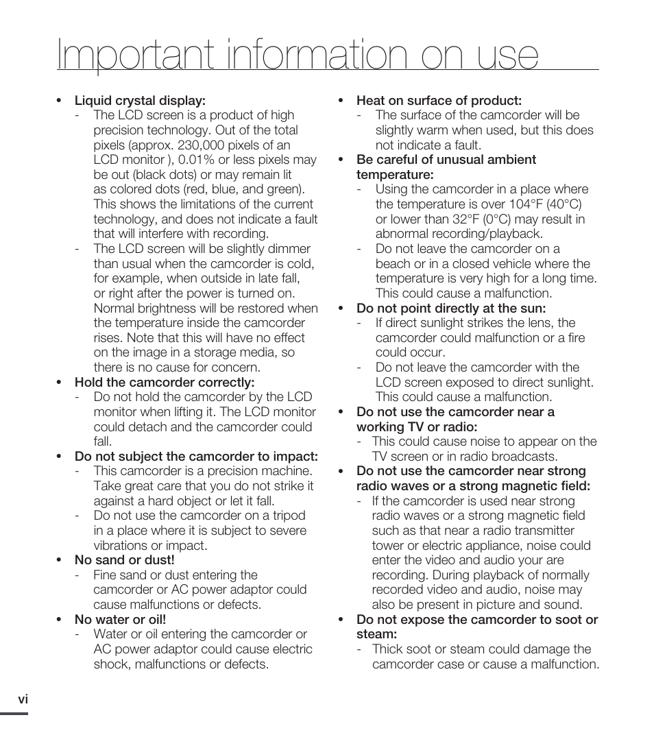 Important information on use | Samsung SMX-C20RN-XAA User Manual | Page 6 / 125