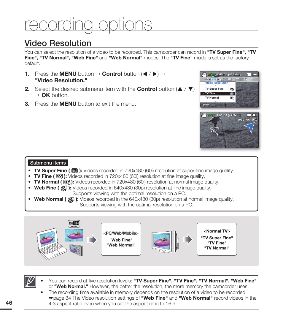 Video resolution, Recording options | Samsung SMX-C20RN-XAA User Manual | Page 60 / 125