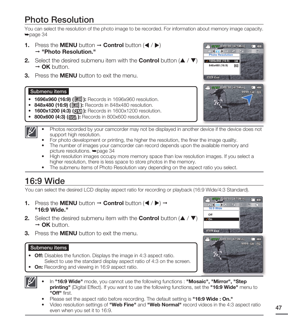 Photo resolution, 9 wide | Samsung SMX-C20RN-XAA User Manual | Page 61 / 125