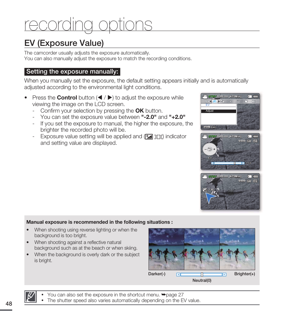 Ev (exposure value), Recording options, Setting the exposure manually | Samsung SMX-C20RN-XAA User Manual | Page 62 / 125