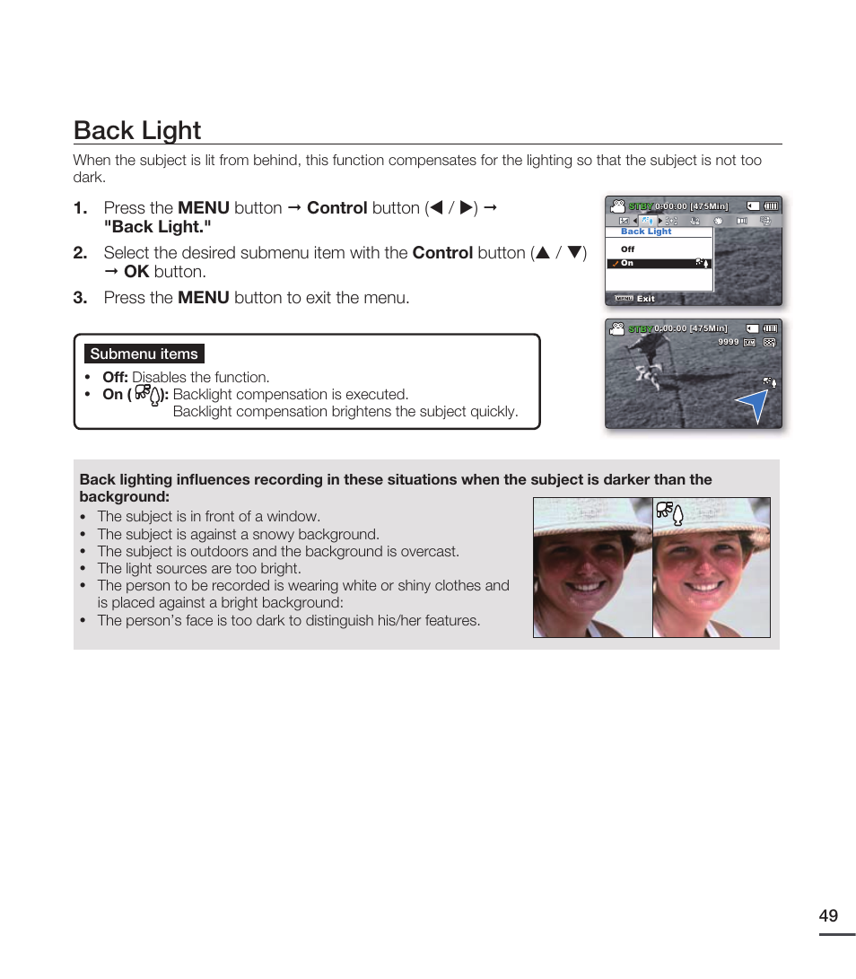 Back light | Samsung SMX-C20RN-XAA User Manual | Page 63 / 125