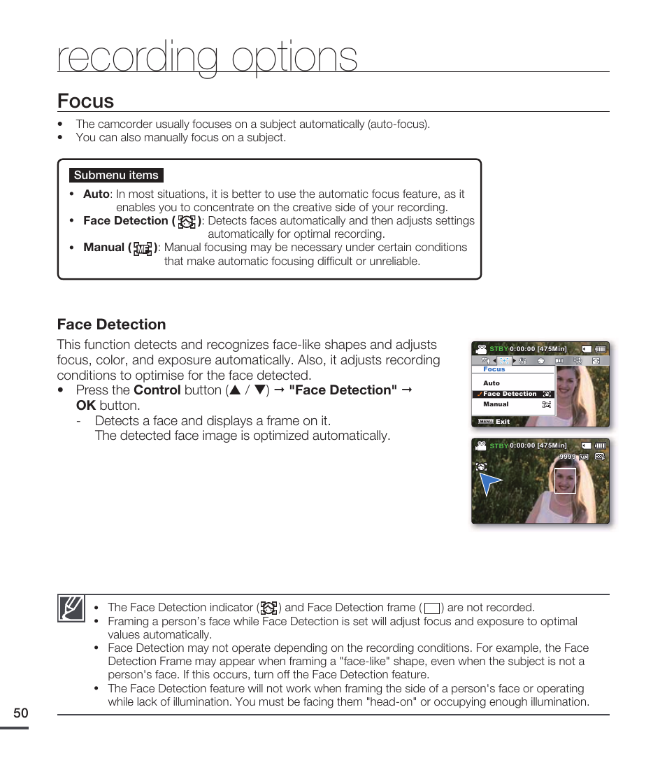 Focus, Recording options, Face detection | Samsung SMX-C20RN-XAA User Manual | Page 64 / 125