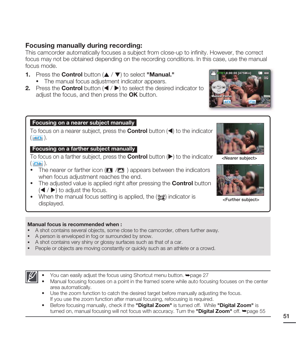 Focusing manually during recording | Samsung SMX-C20RN-XAA User Manual | Page 65 / 125