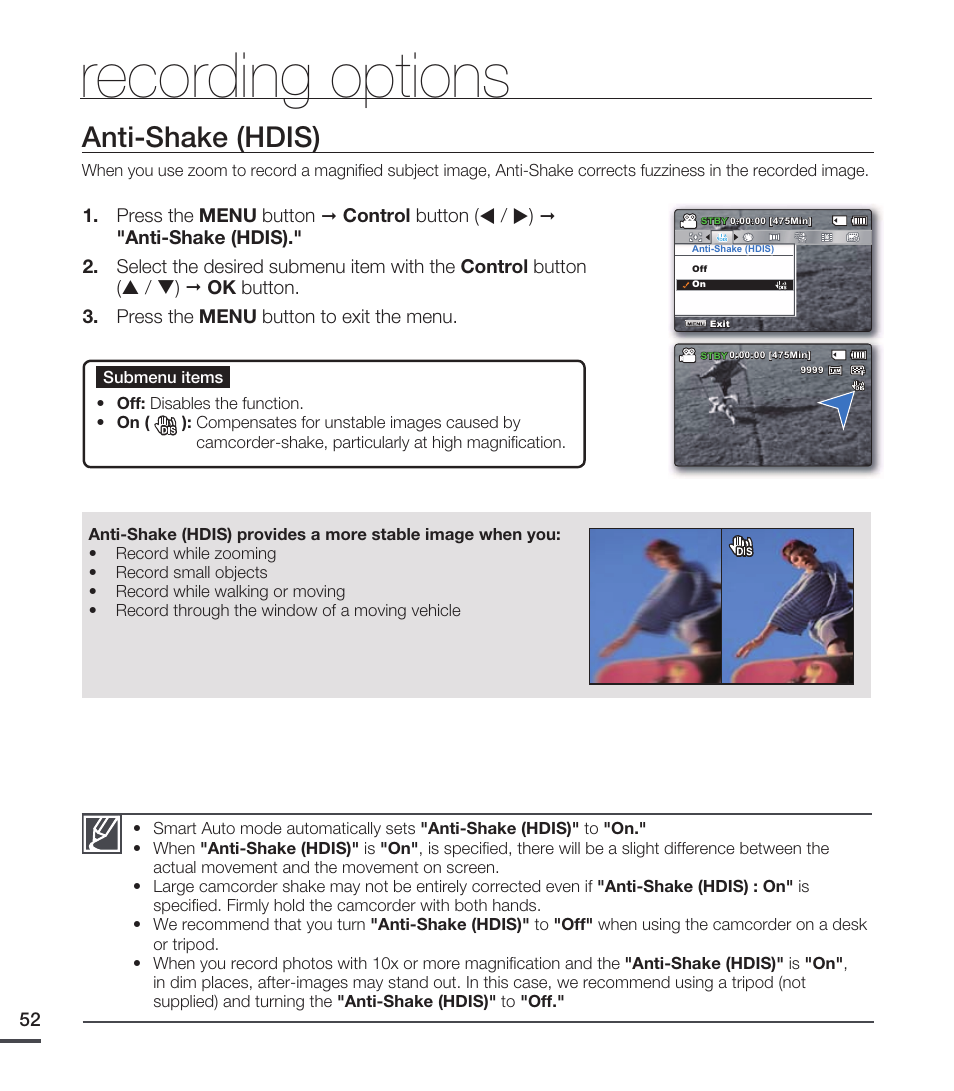 Anti-shake (hdis), Recording options | Samsung SMX-C20RN-XAA User Manual | Page 66 / 125