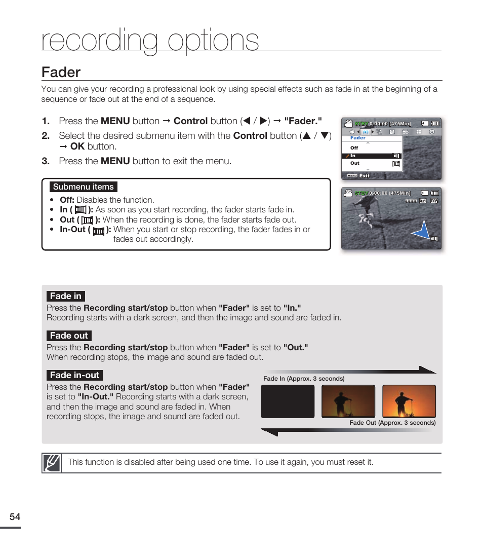 Fader, Recording options | Samsung SMX-C20RN-XAA User Manual | Page 68 / 125