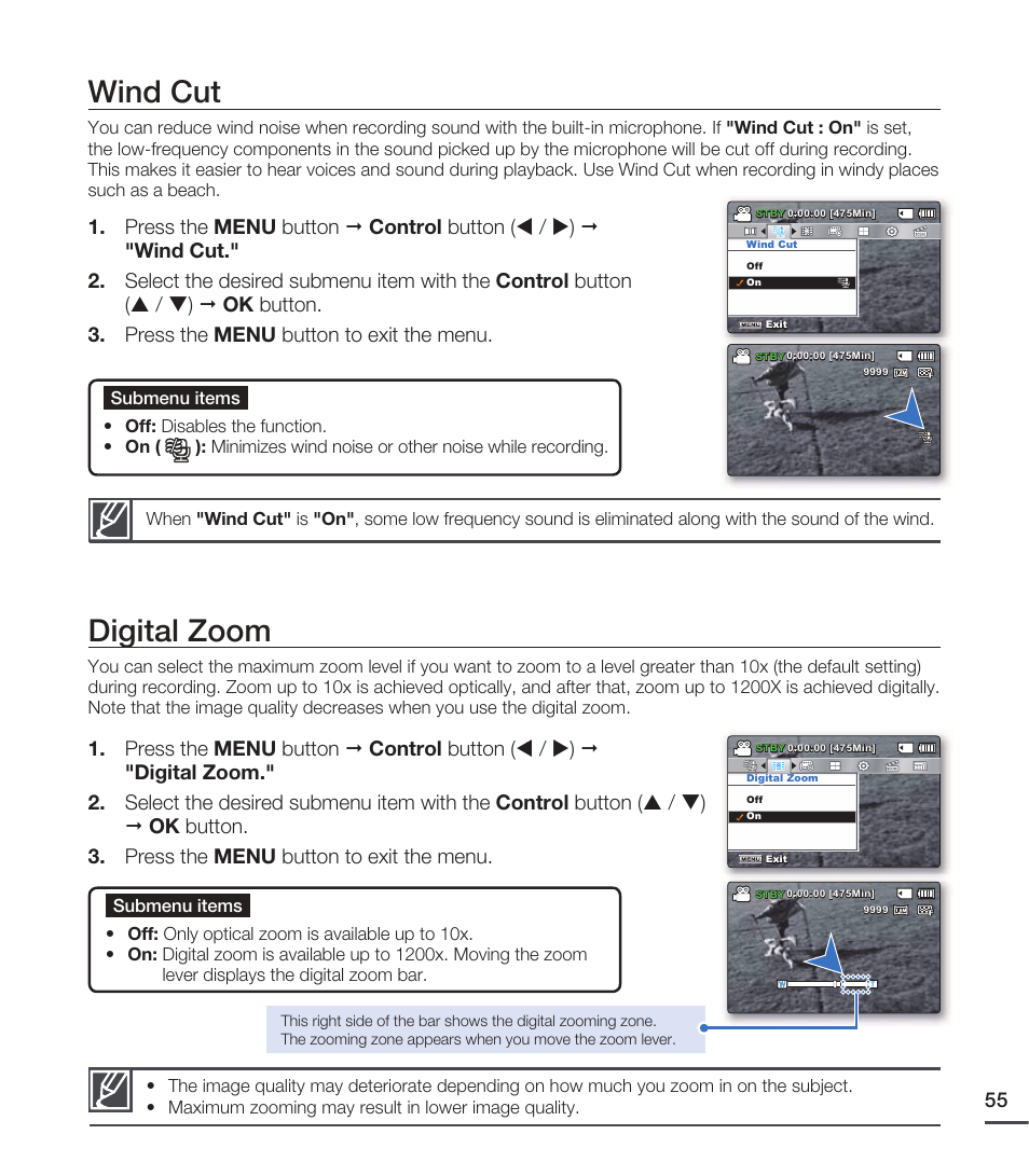 Wind cut, Digital zoom | Samsung SMX-C20RN-XAA User Manual | Page 69 / 125