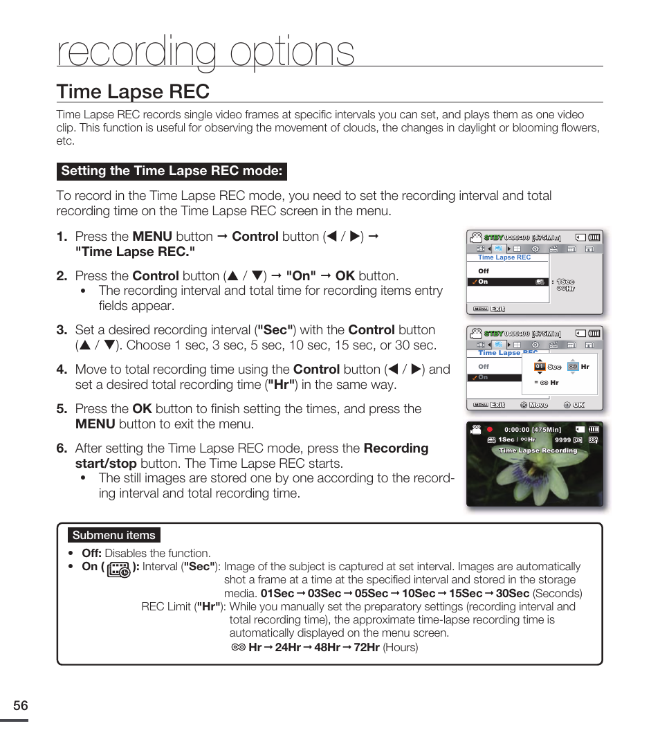 Time lapse rec, Recording options | Samsung SMX-C20RN-XAA User Manual | Page 70 / 125