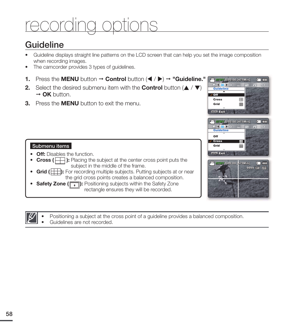 Guideline, Recording options | Samsung SMX-C20RN-XAA User Manual | Page 72 / 125