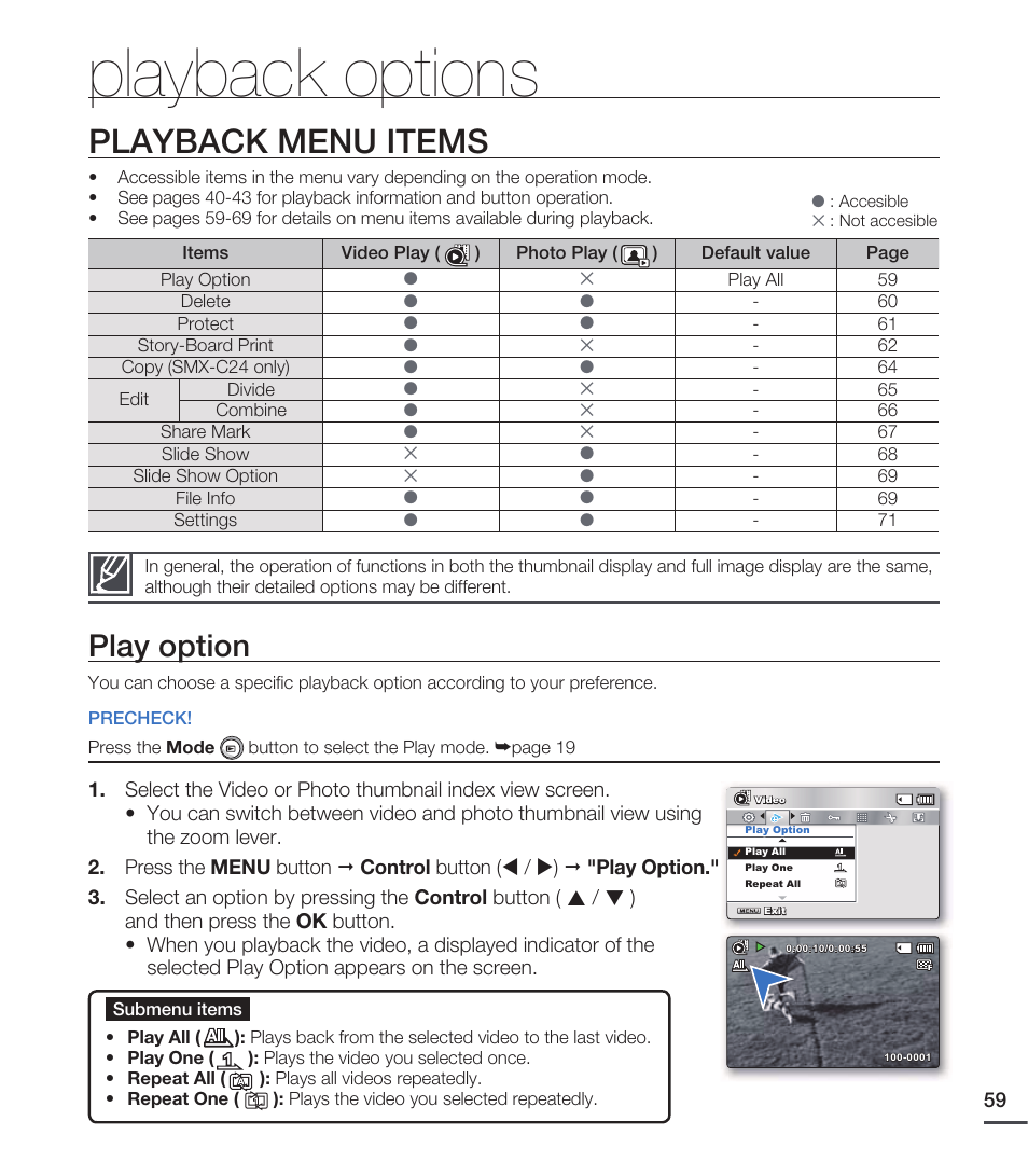 Playback options, Playback menu items, Play option | Samsung SMX-C20RN-XAA User Manual | Page 73 / 125