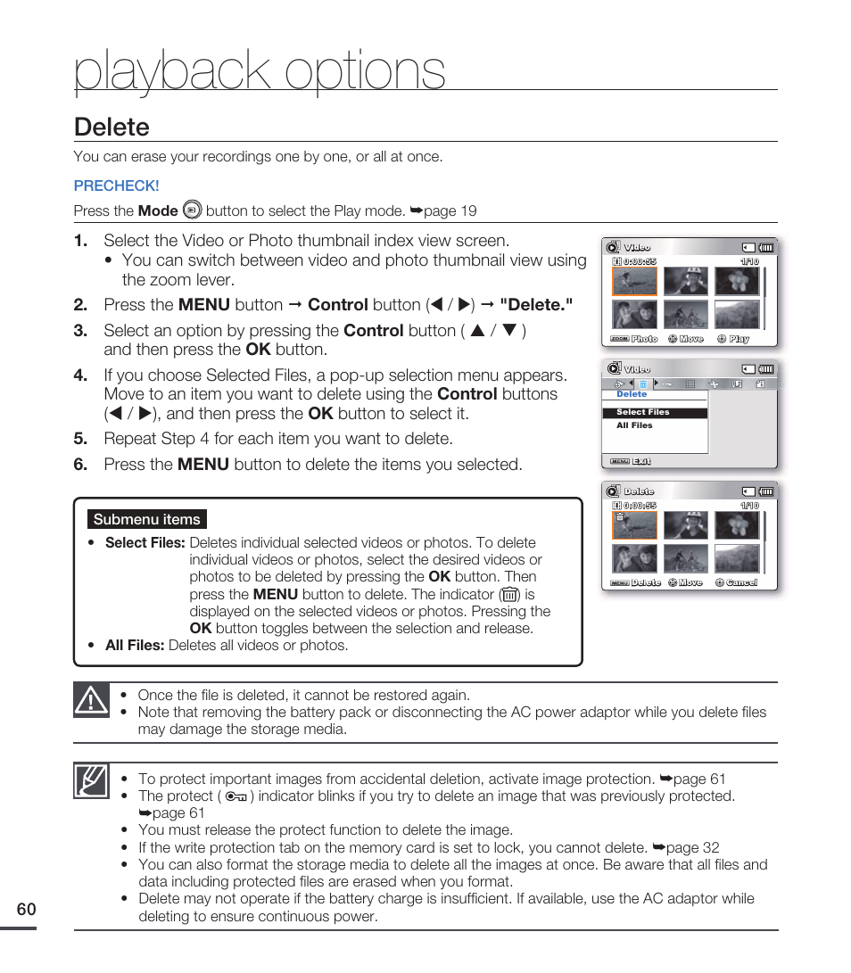 Delete, Playback options | Samsung SMX-C20RN-XAA User Manual | Page 74 / 125