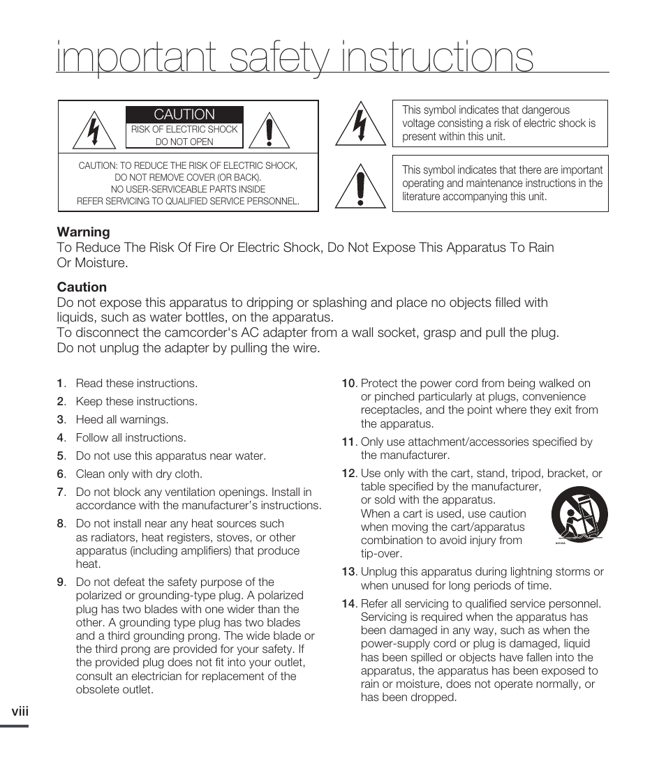 Important safety instructions | Samsung SMX-C20RN-XAA User Manual | Page 8 / 125