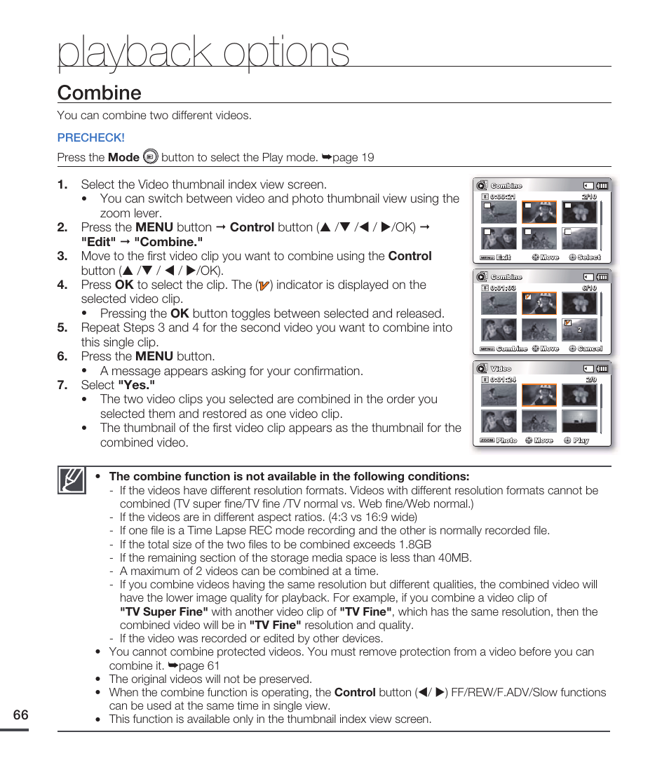 Combine, Playback options | Samsung SMX-C20RN-XAA User Manual | Page 80 / 125