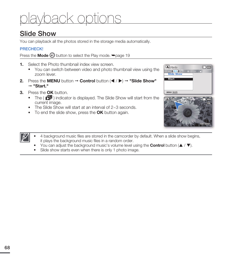 Slide show, Playback options | Samsung SMX-C20RN-XAA User Manual | Page 82 / 125