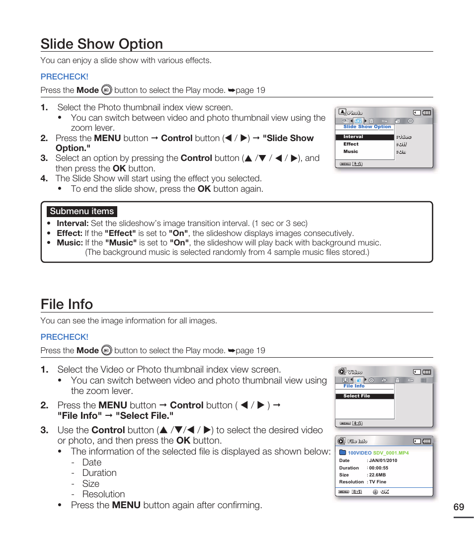 Slide show option, File info, Submenu items | Samsung SMX-C20RN-XAA User Manual | Page 83 / 125