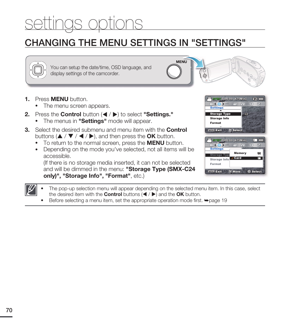 Settings options, Changing the menu settings in "settings | Samsung SMX-C20RN-XAA User Manual | Page 84 / 125