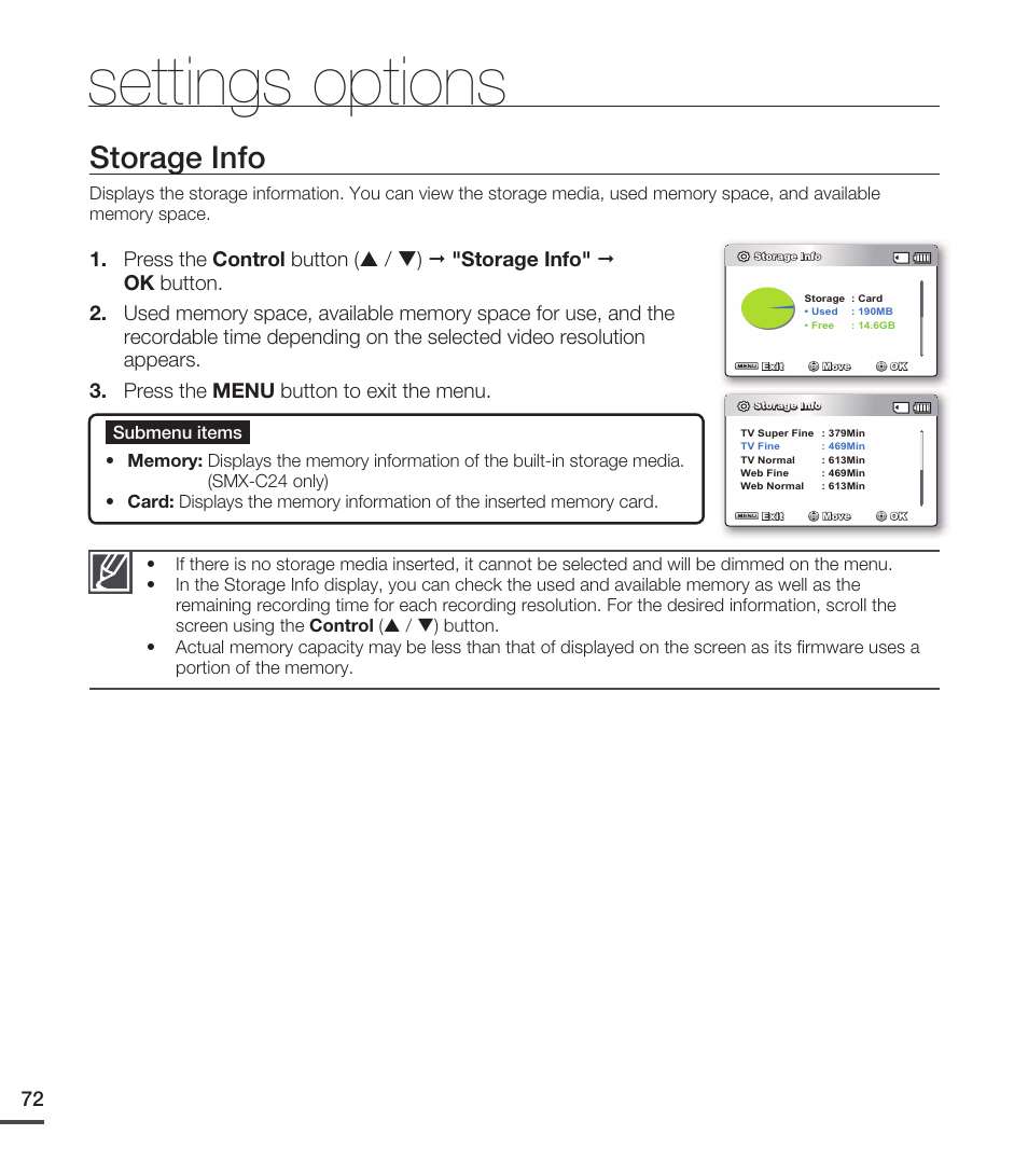 Storage info, Settings options | Samsung SMX-C20RN-XAA User Manual | Page 86 / 125